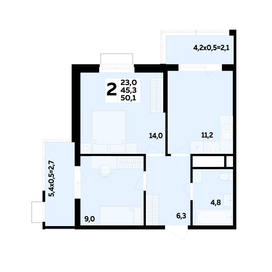 Планировка 2-комнатная, 50.1 м²