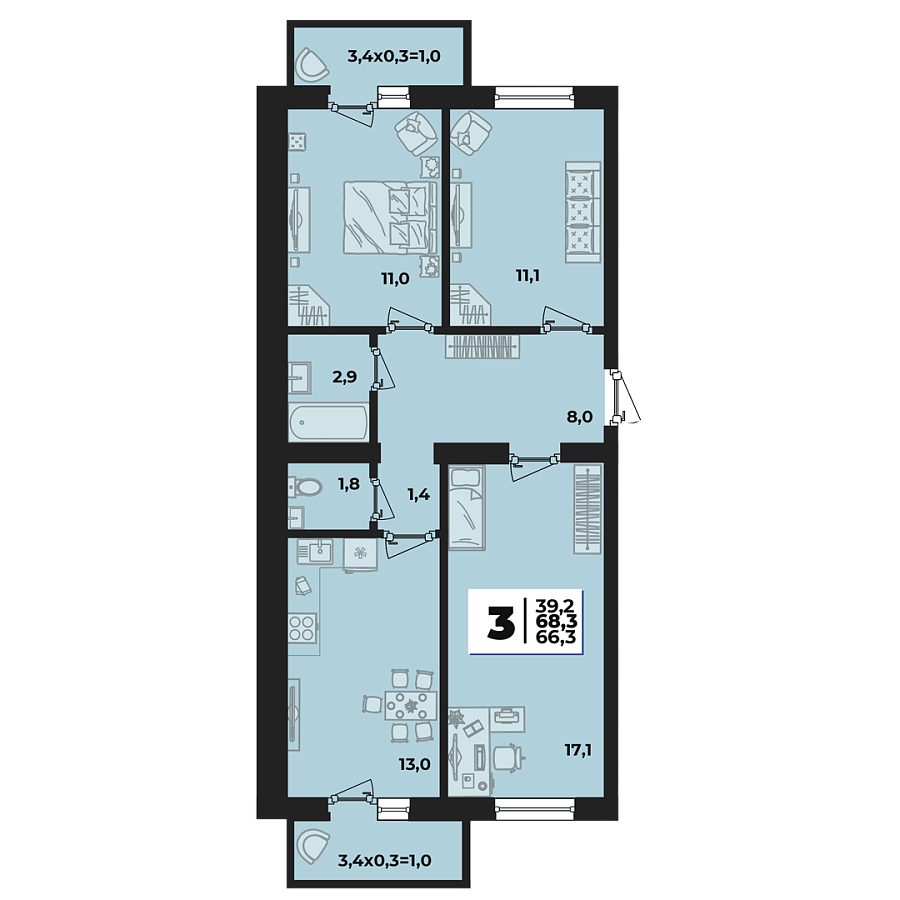 Планировка 3-комнатная, 68.3 м²