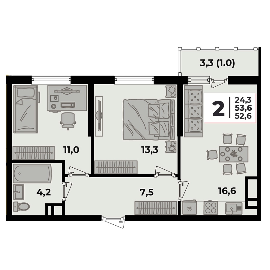 Планировка 2-комнатная, 53.6 м²