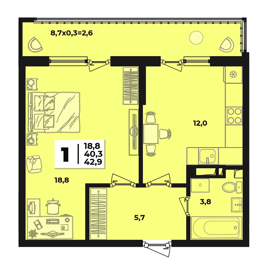 Планировка 1-комнатная, 42.9 м²