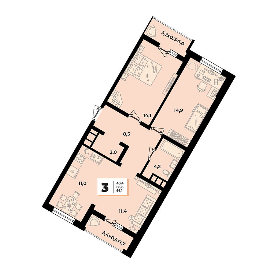 Планировка 3-комнатная, 68.8 м²