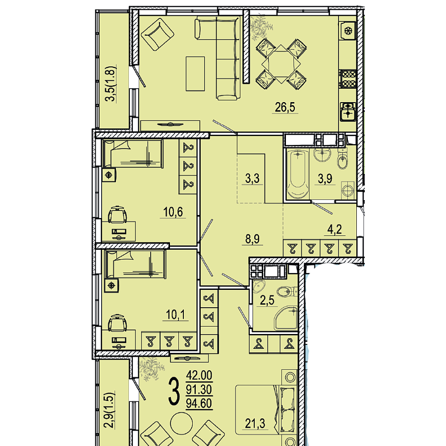 Планировка 3-комнатная, 94.6 м²