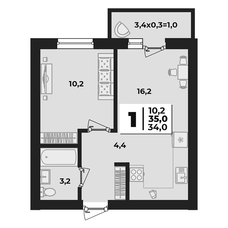 Планировка 1-комнатная, 35 м²
