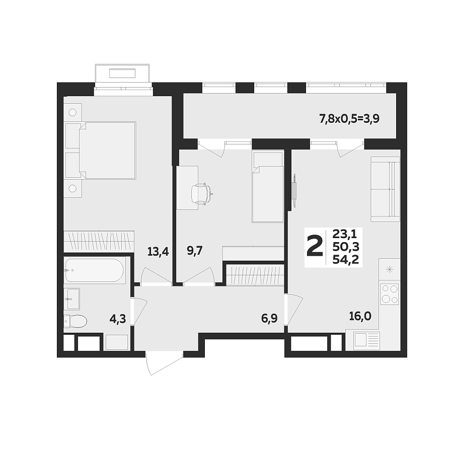Планировка 2-комнатная, 54.2 м²