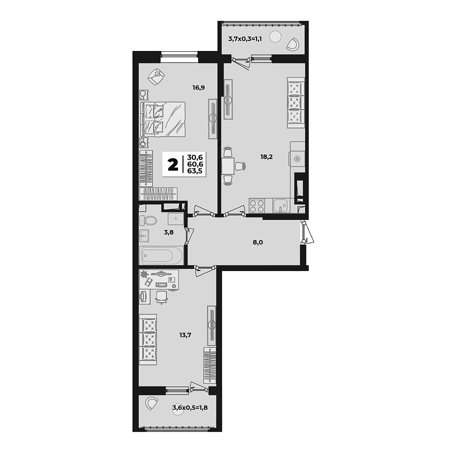 Планировка 2-комнатная, 63.9 м²