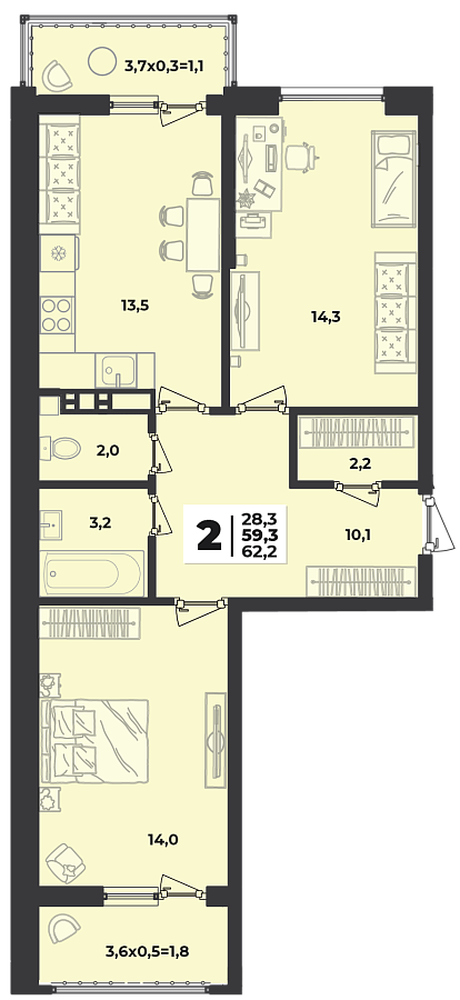 Планировка 2-комнатная, 62.2 м²