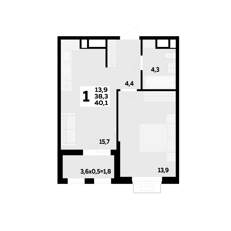 Планировка 1-комнатная, 40.1 м²