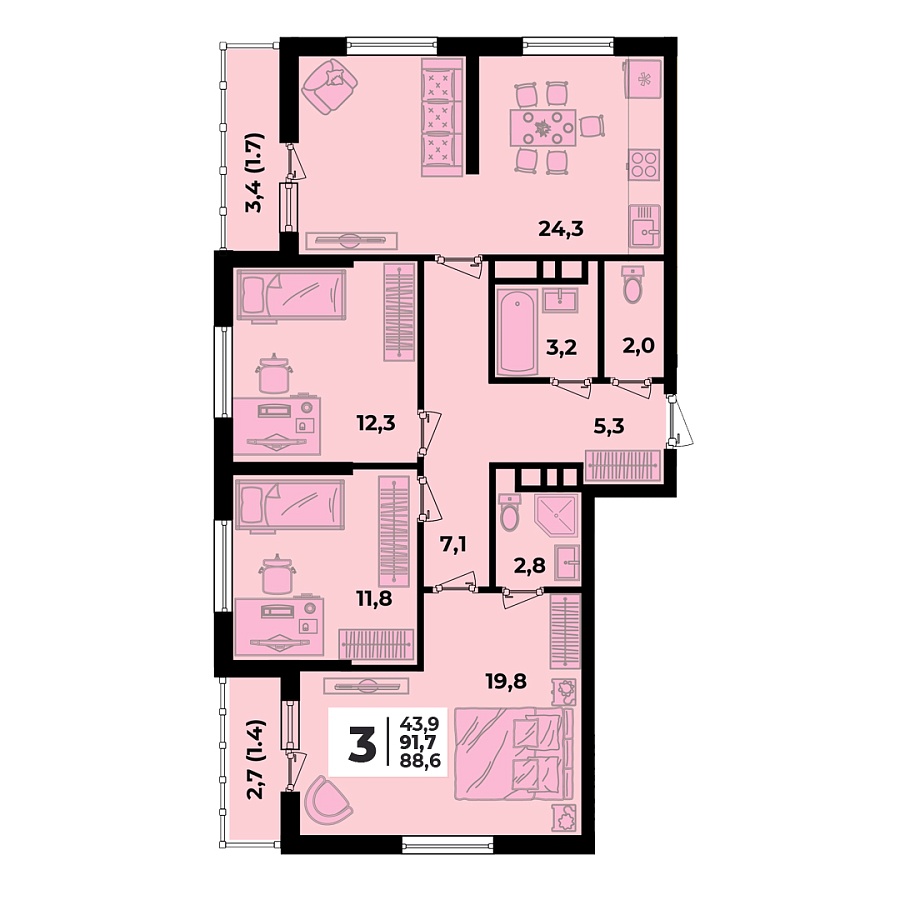 Планировка 3-комнатная, 91.7 м²