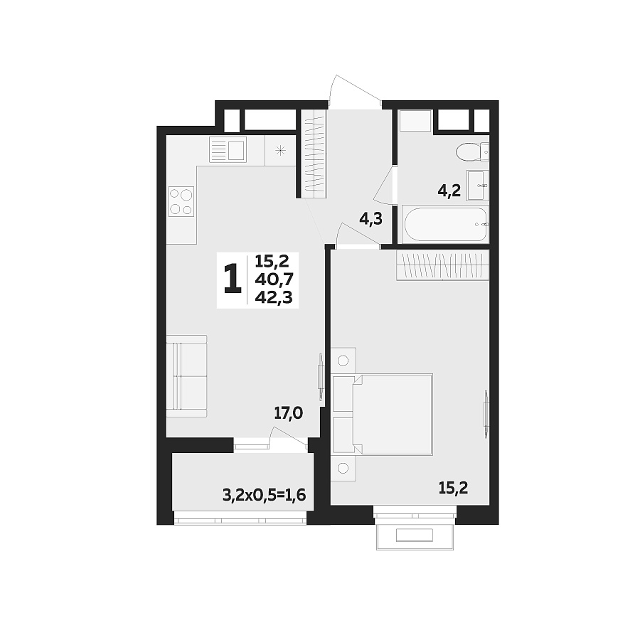 Планировка 1-комнатная, 42.3 м²