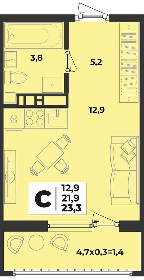 Планировка Студия, 23.3 м²