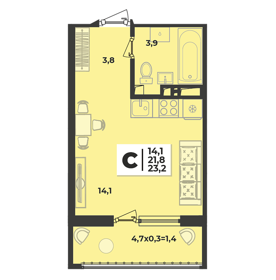 Планировка Студия, 23.2 м²