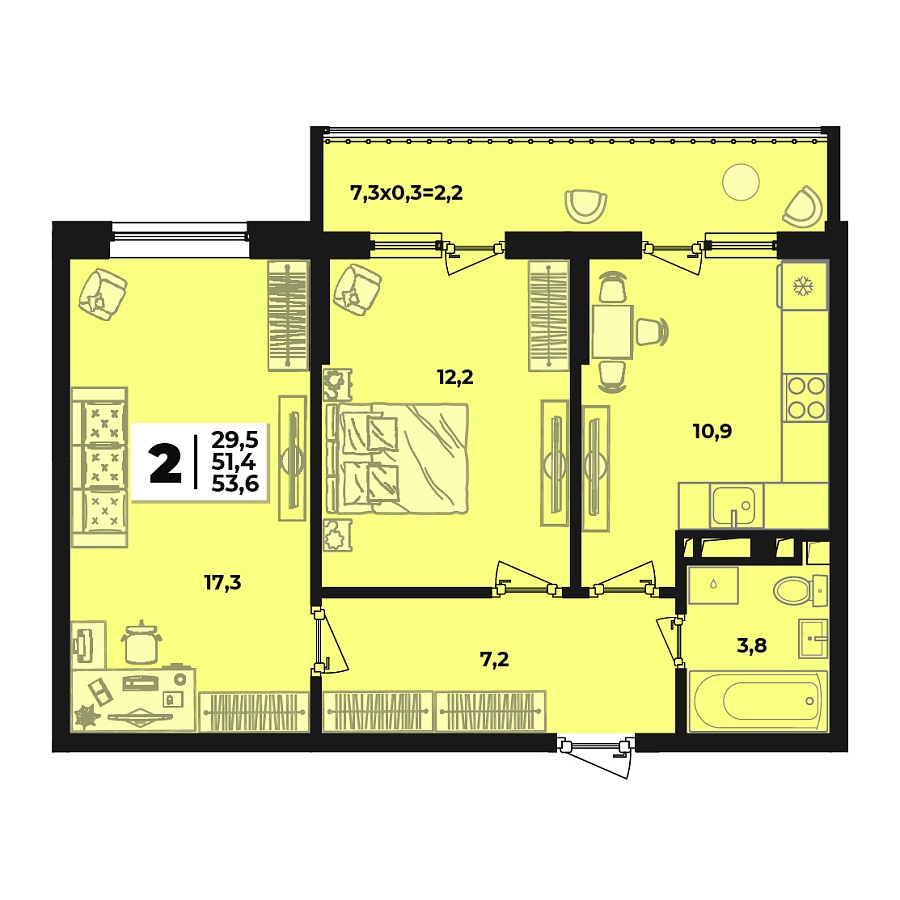 Планировка 2-комнатная, 53.6 м²