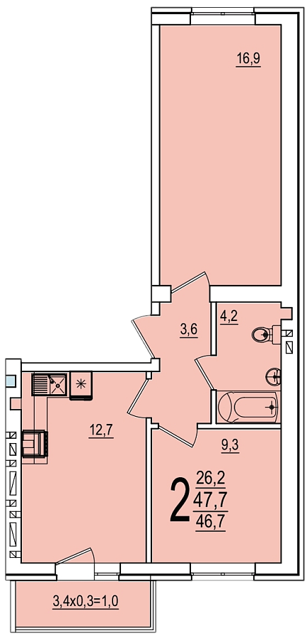 Планировка 2-комнатная, 47.7 м²