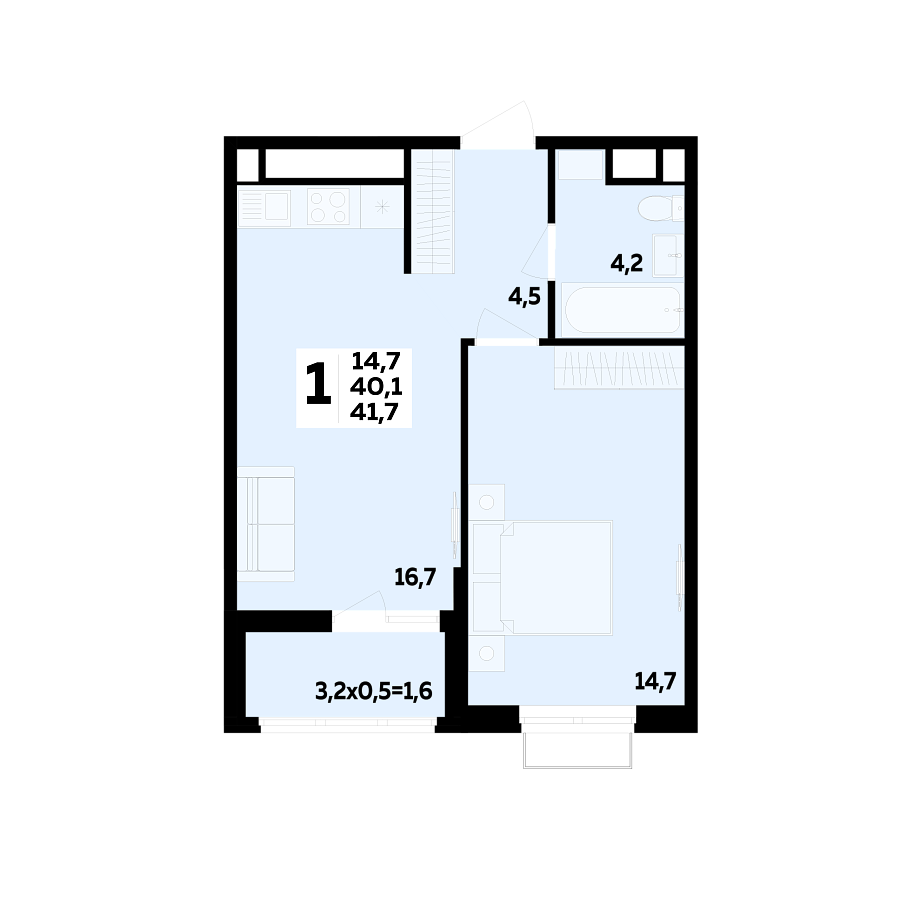 Планировка 1-комнатная, 41.7 м²