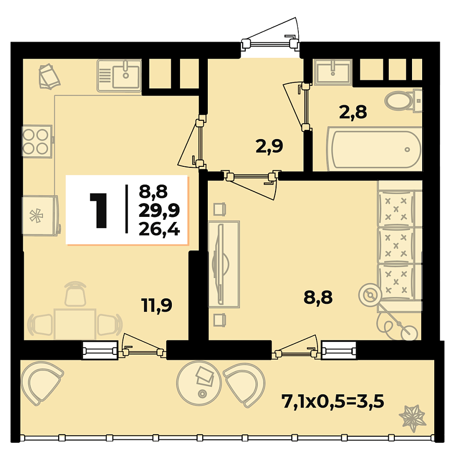 Планировка 1-комнатная, 29.9 м²