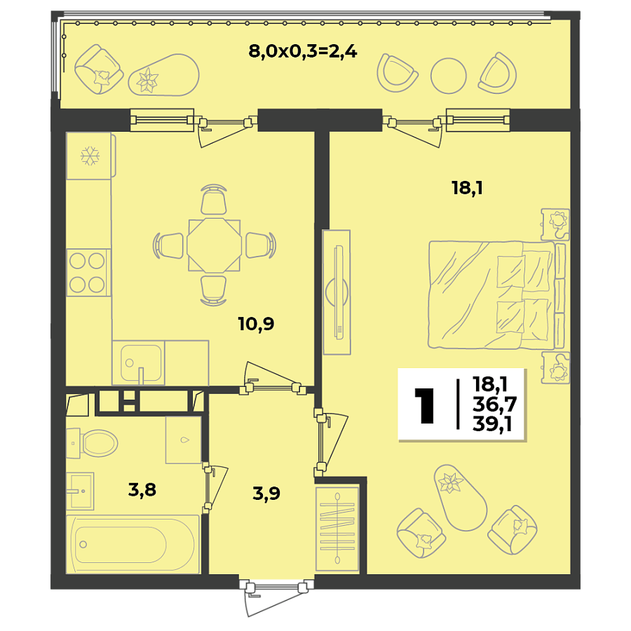 Планировка 1-комнатная, 39.1 м²