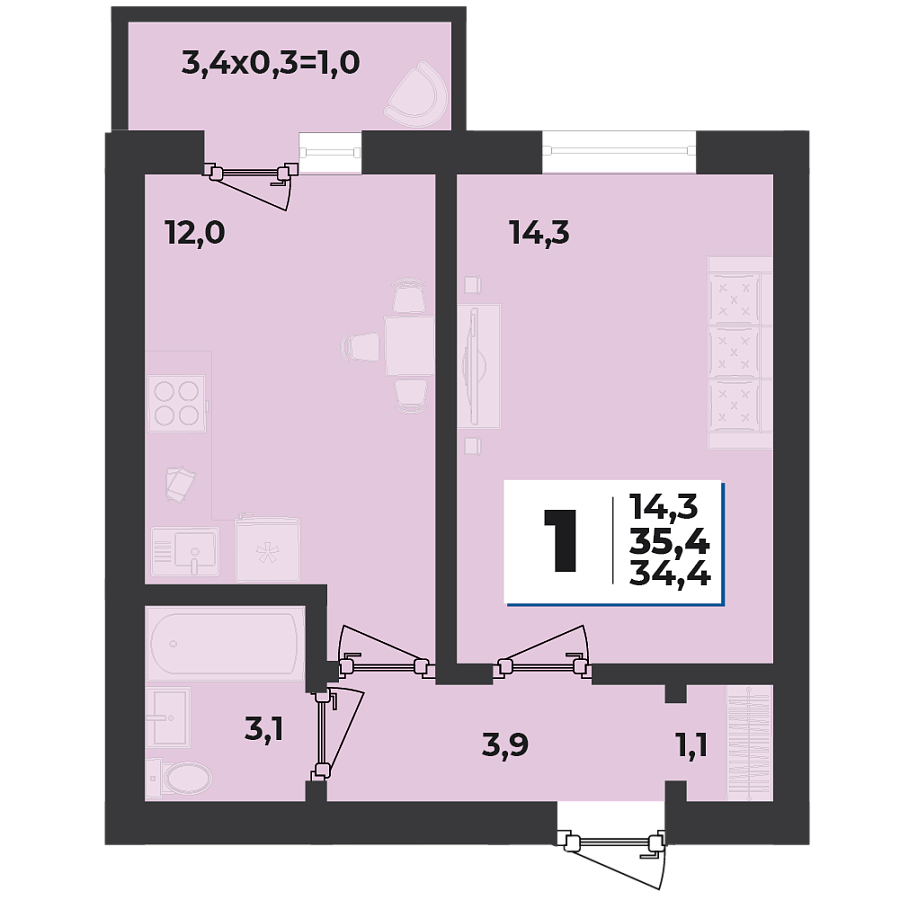 Планировка 1-комнатная, 34.8 м²