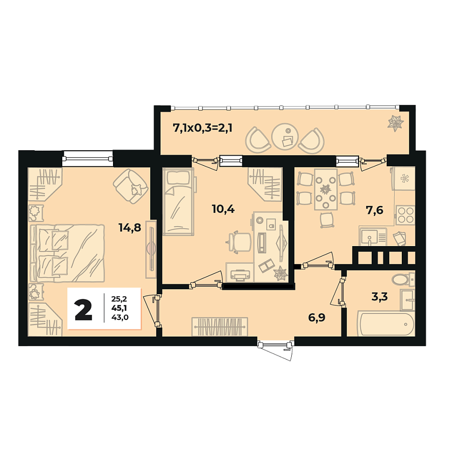 Планировка 2-комнатная, 45.1 м²