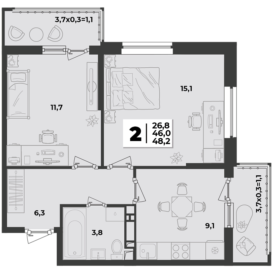 Планировка 2-комнатная, 48.2 м²