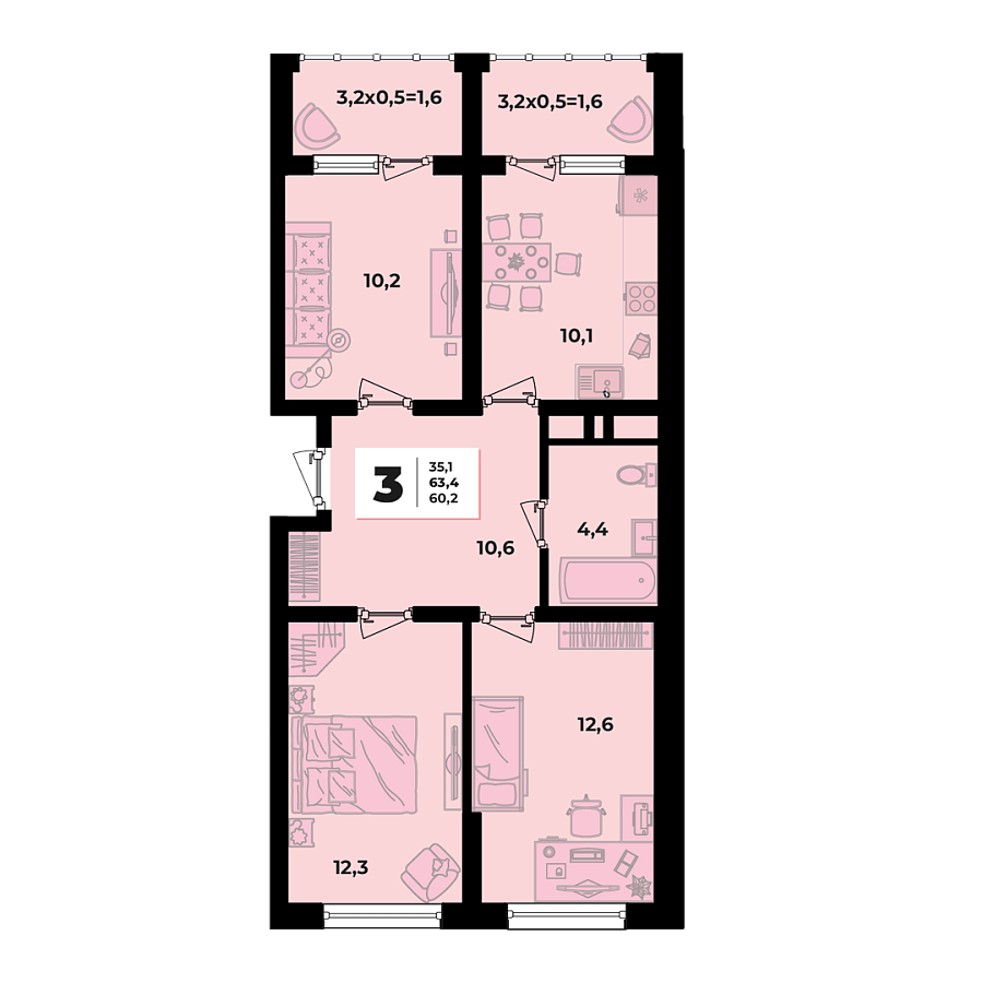 Планировка 3-комнатная, 63.4 м²