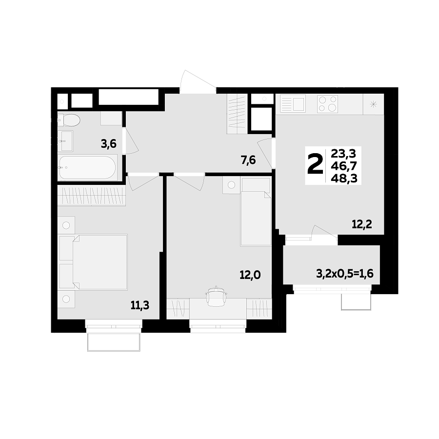 Планировка 2-комнатная, 48.3 м²