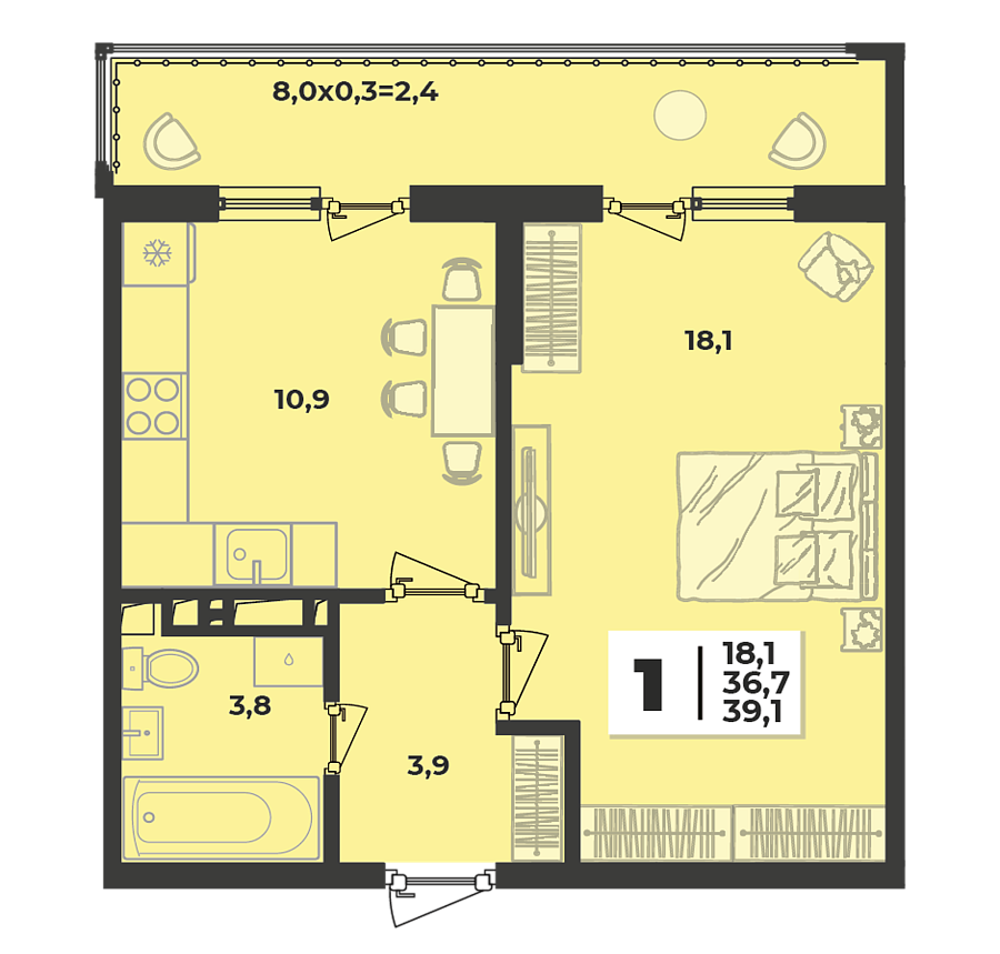 Планировка 1-комнатная, 39.1 м²