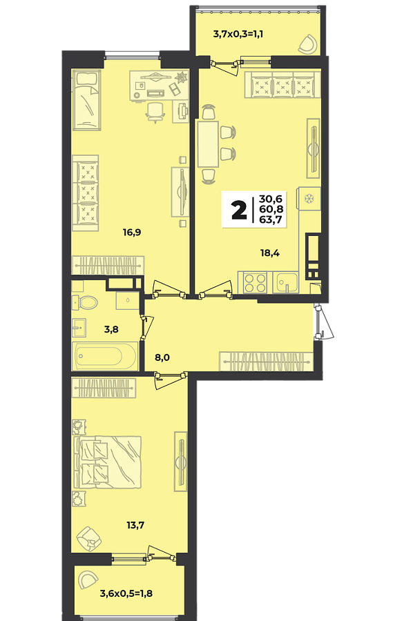 Планировка 2-комнатная, 63.7 м²