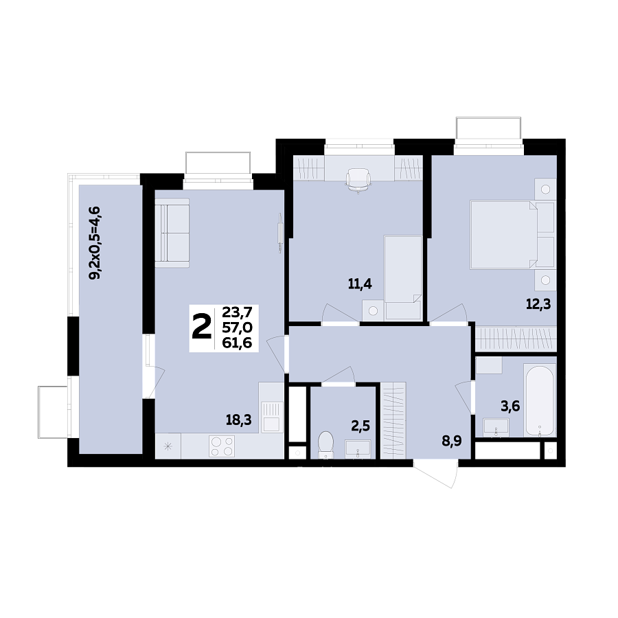 Планировка 2-комнатная, 61.6 м²