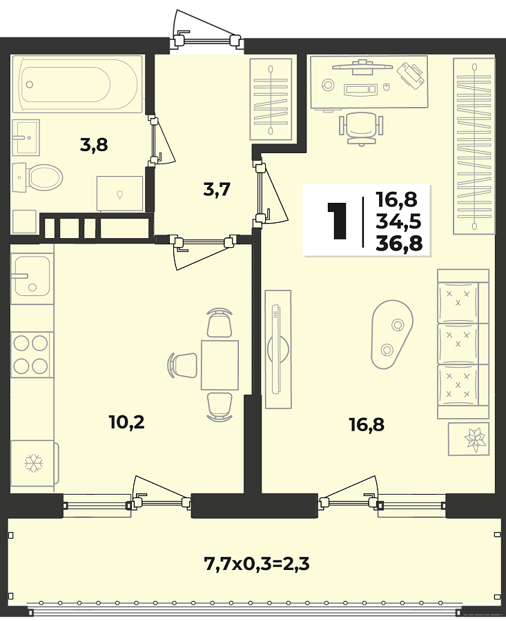 Планировка 1-комнатная, 36.8 м²