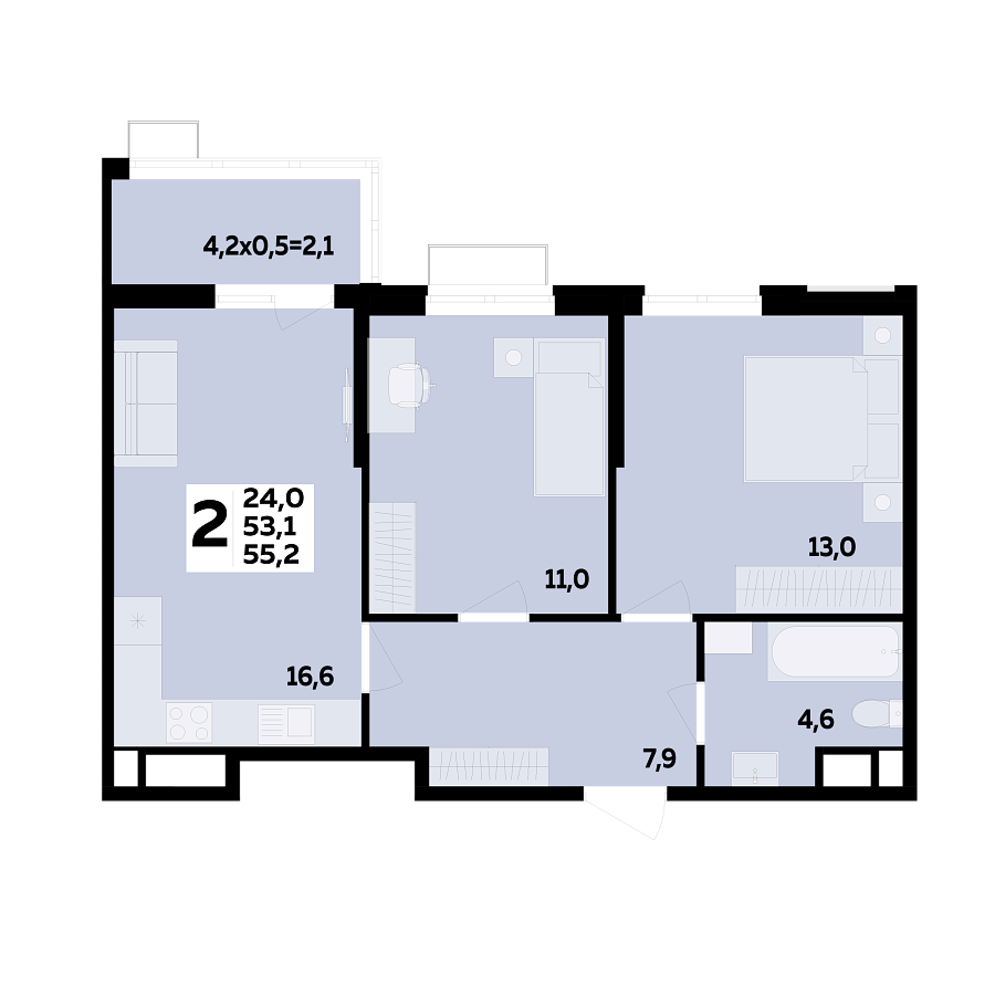 Планировка 2-комнатная, 55.2 м²