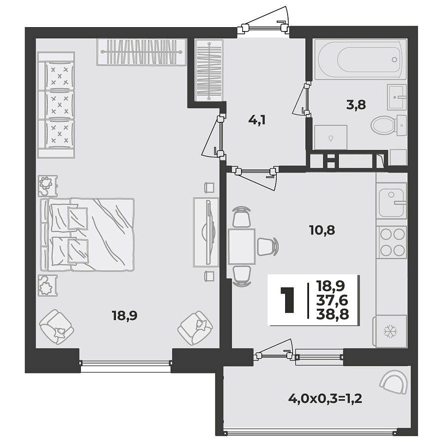Планировка 1-комнатная, 38.8 м²