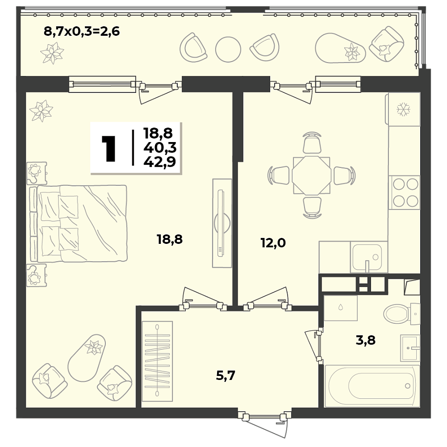 Планировка 1-комнатная, 42.9 м²