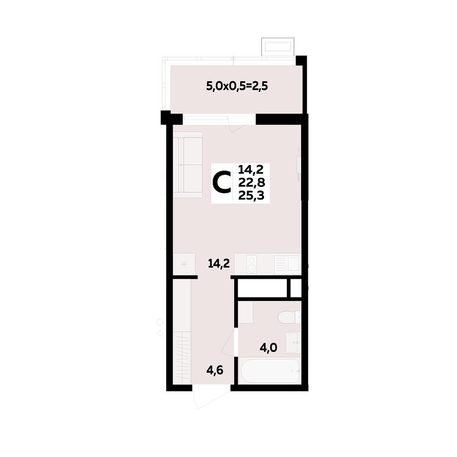 Планировка Студия, 25.3 м²