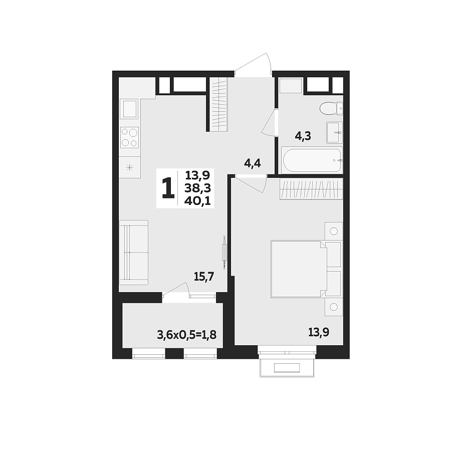 Планировка 1-комнатная, 40.1 м²