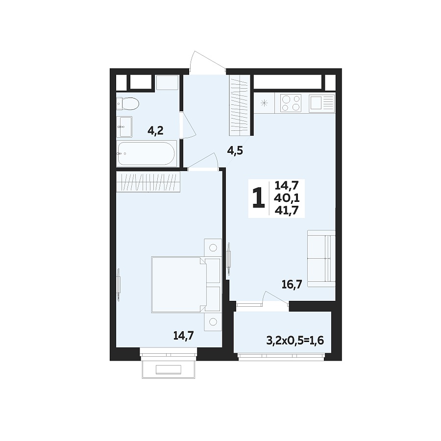 Планировка 1-комнатная, 41.7 м²