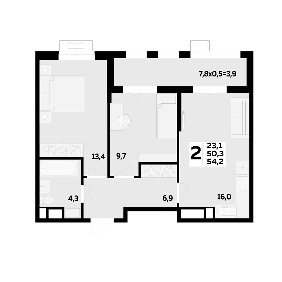 Планировка 2-комнатная, 54.2 м²