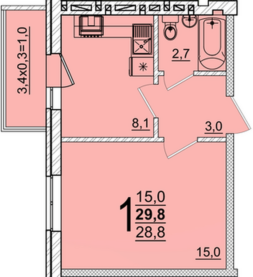 Планировка 1-комнатная, 29.8 м²