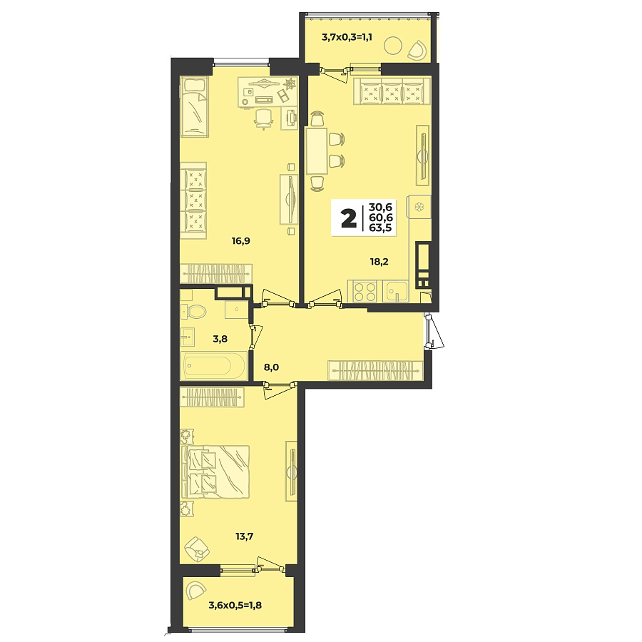 Планировка 2-комнатная, 63.5 м²