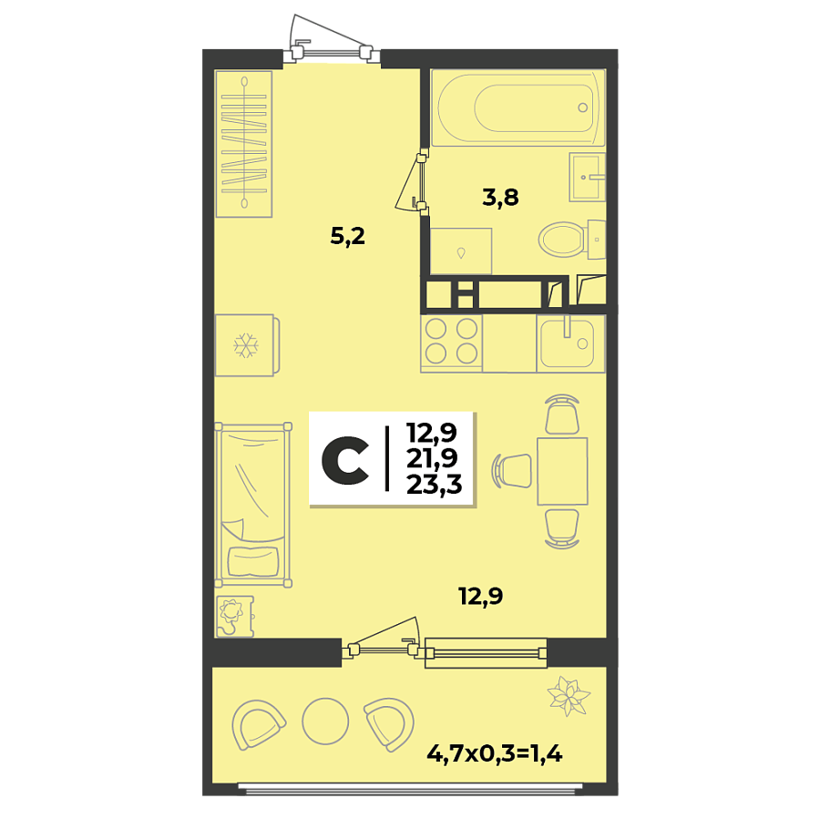 Планировка Студия, 23.3 м²