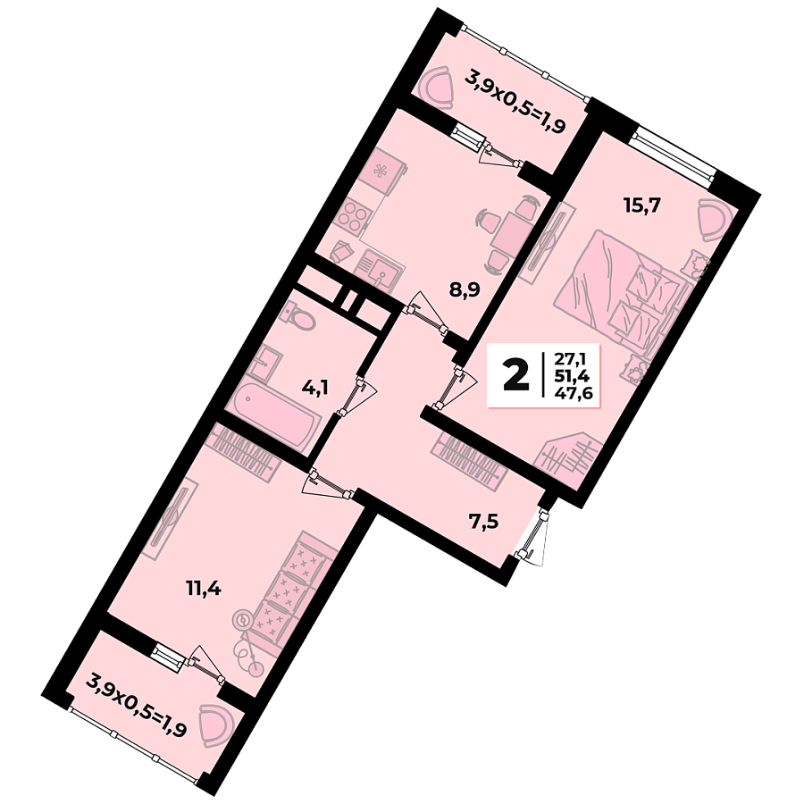 Планировка 2-комнатная, 51.4 м²