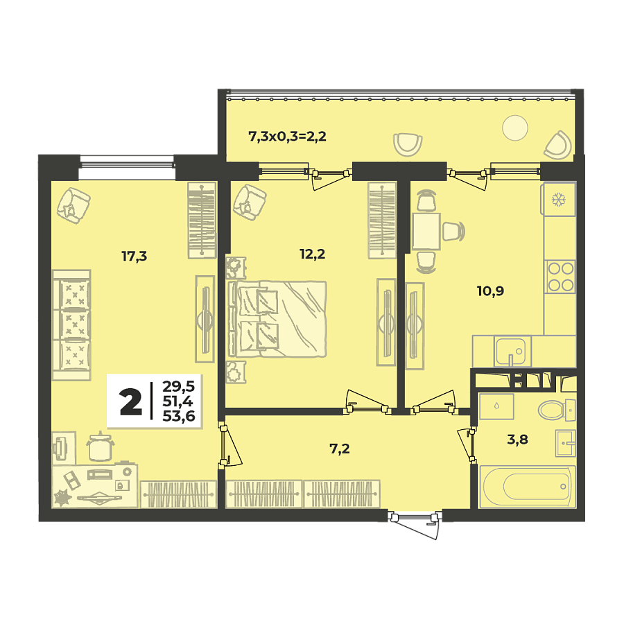 Планировка 2-комнатная, 53.6 м²