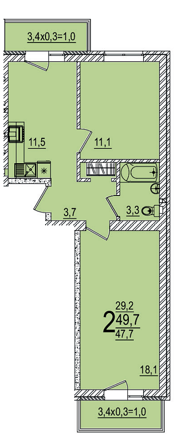 Планировка 2-комнатная, 49.7 м²