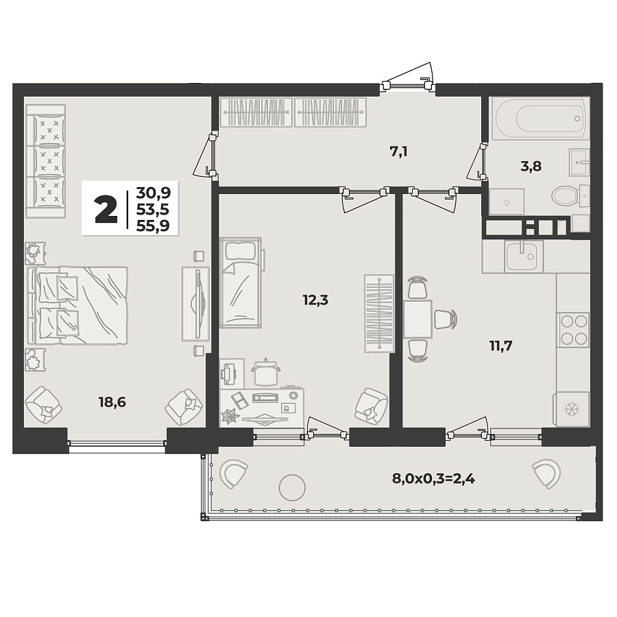 Планировка 2-комнатная, 55.9 м²