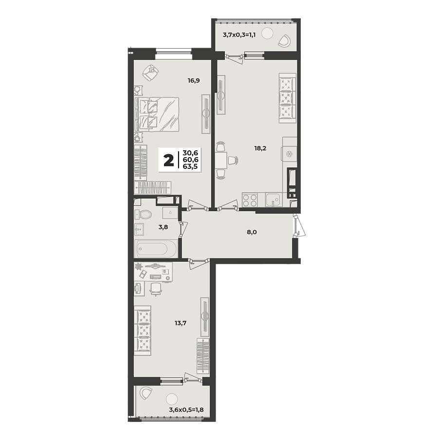 Планировка 2-комнатная, 63.5 м²