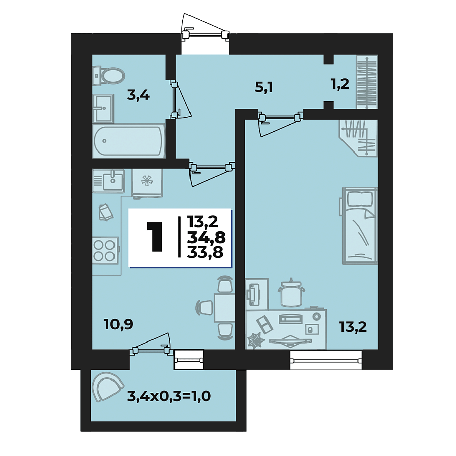 Планировка 1-комнатная, 34.8 м²