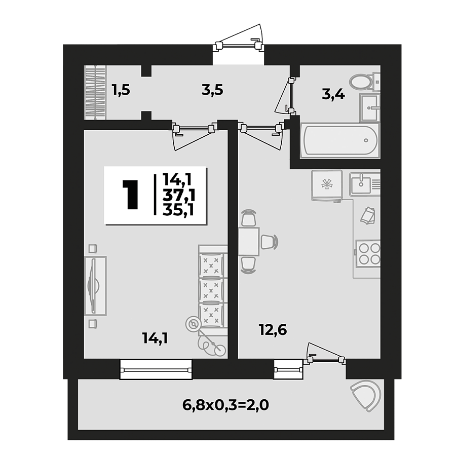 Планировка 1-комнатная, 37.1 м²