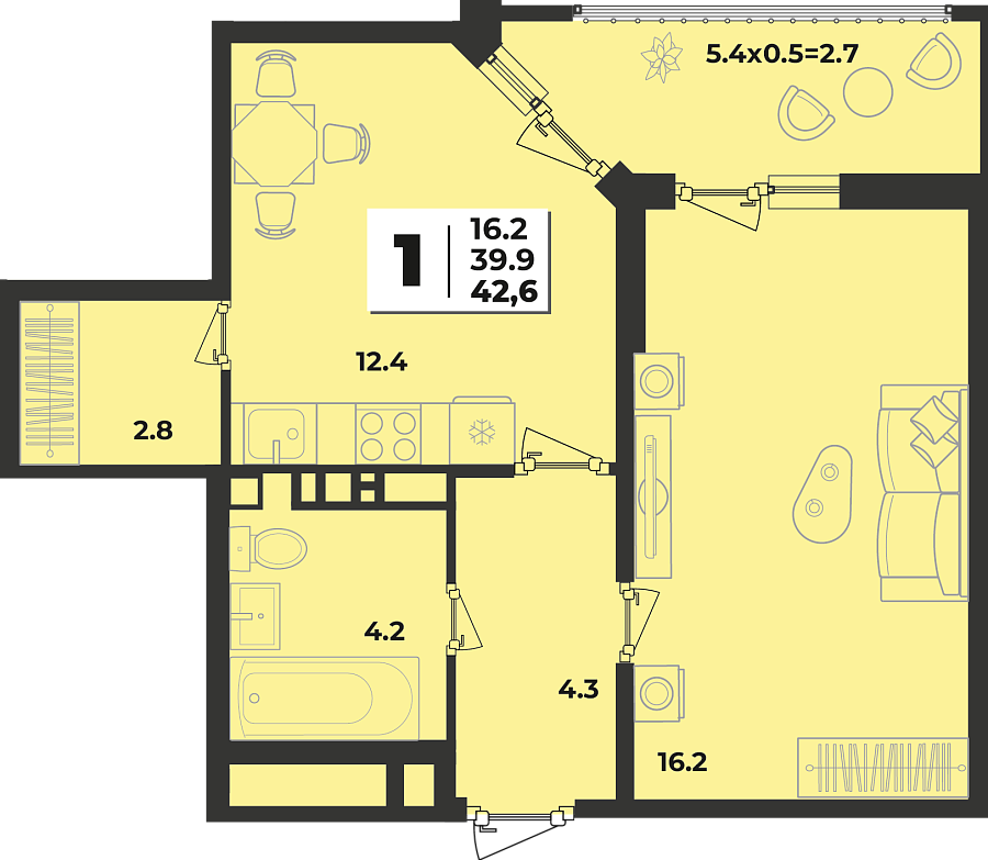 Планировка 1-комнатная, 42.6 м²