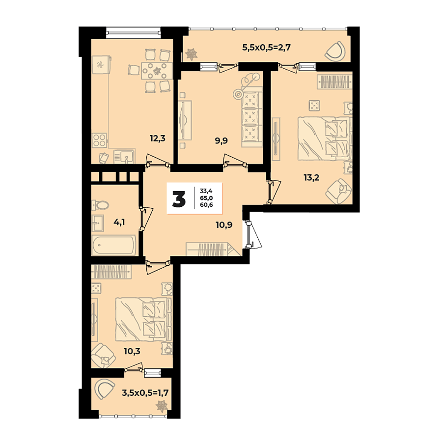 Планировка 3-комнатная, 65 м²