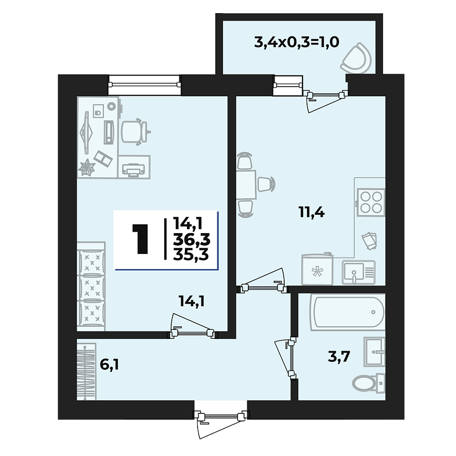 Планировка 1-комнатная, 36.3 м²