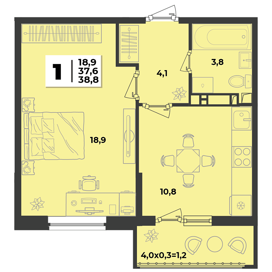 Планировка 1-комнатная, 38.8 м²